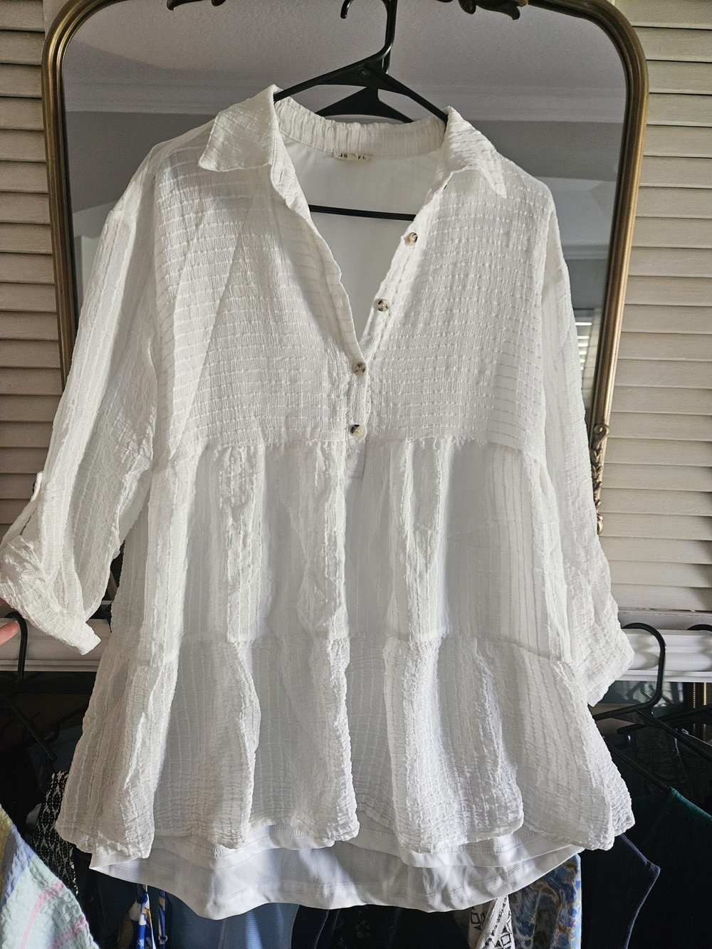 Jodifl White Textured Gauze Tiered Babydoll Tunic Top Size S